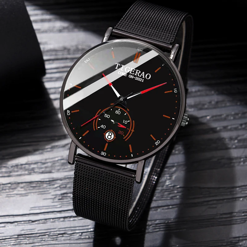 A men's stylish and minimalist calendar motorcycle watch with a cool black case and black steel band, quartz movement