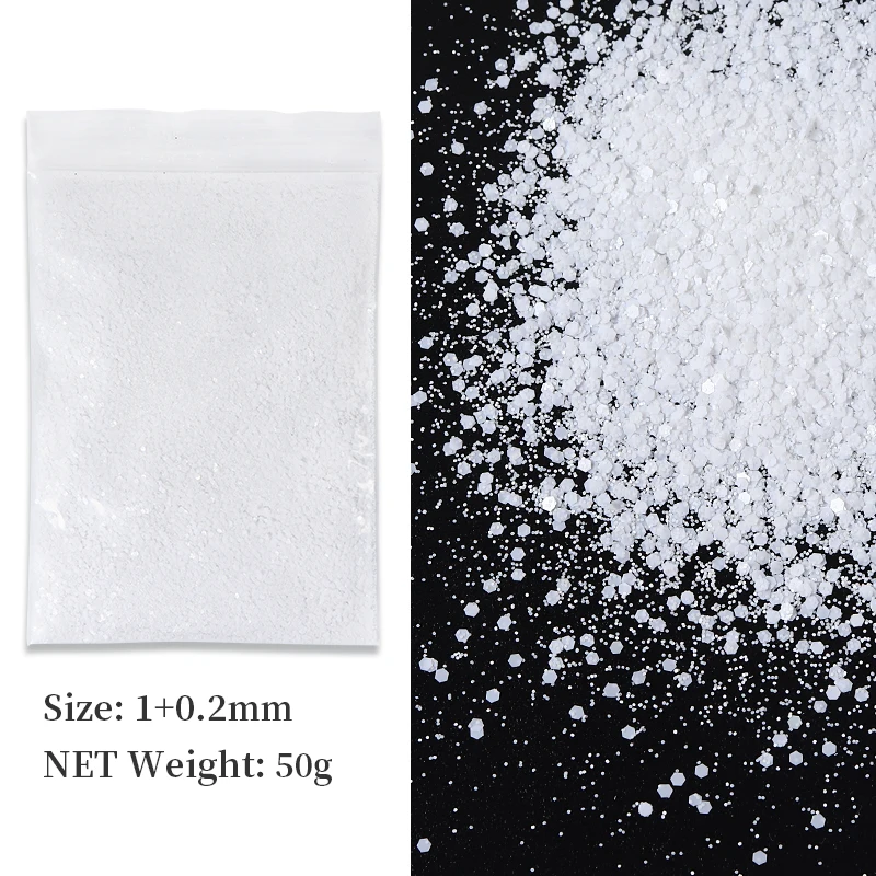 50g/bag Snowy White Glitter Nail Art Decorations Mix Hexagons Sequins UV Gel Paillette For Nail Accessories Black Pigment Powder