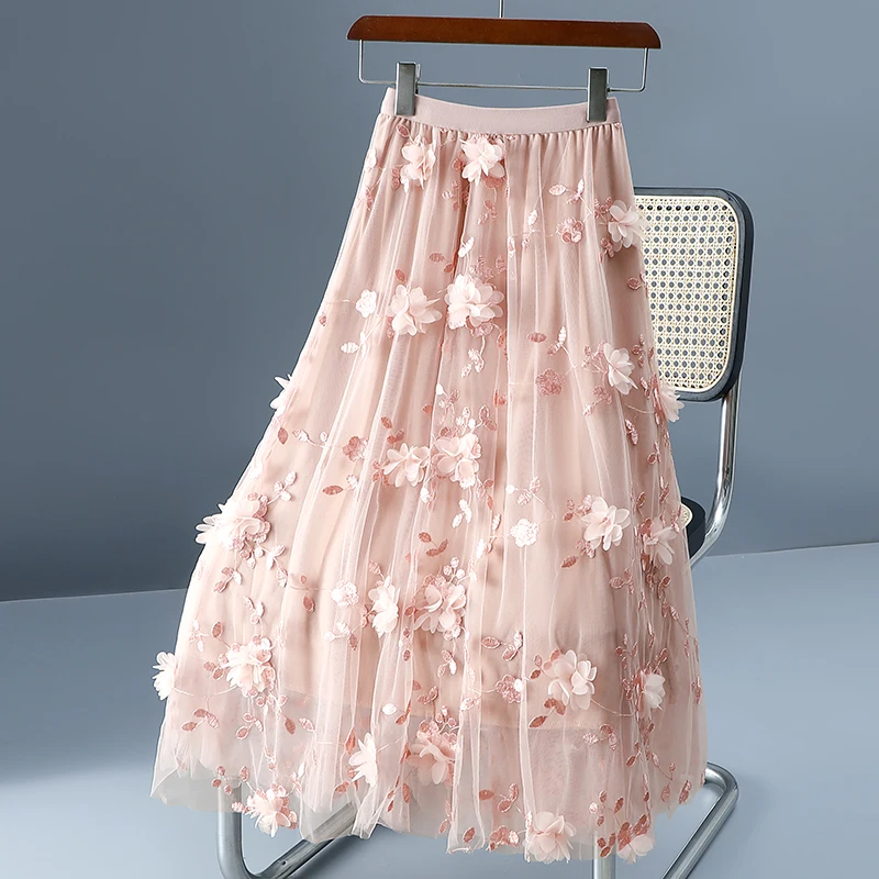 2025 printemps été femmes taille haute mince jupe longue décontractée taille haute broderie douce 3D fleurs maille Tulle jupe Streetwear