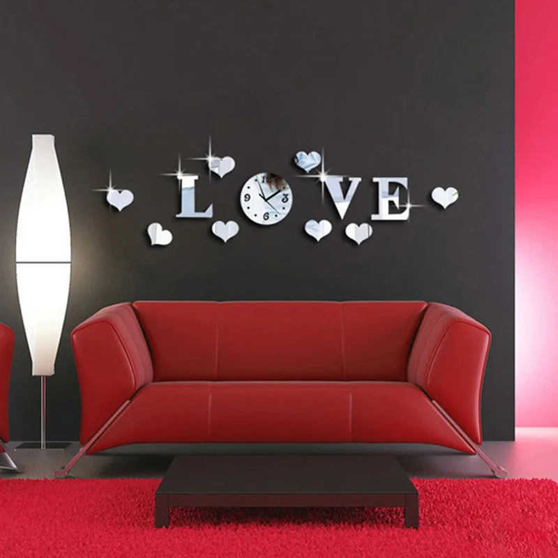 Acrylic DIY 3D Crystal Mirror Decorative ‘’love‘’ Wall Quartz Clock Home Decor Living Room Kitchen Clocks Home Modern Decoration