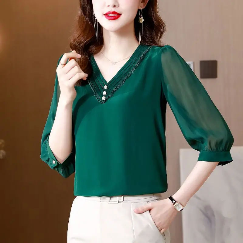 Summer Office Lady Printing Solid Color Chiffon Pullover V-neck 3/4 Sleeve Blouse Ladies Fashion Lace Shirts Women Clothing Tops