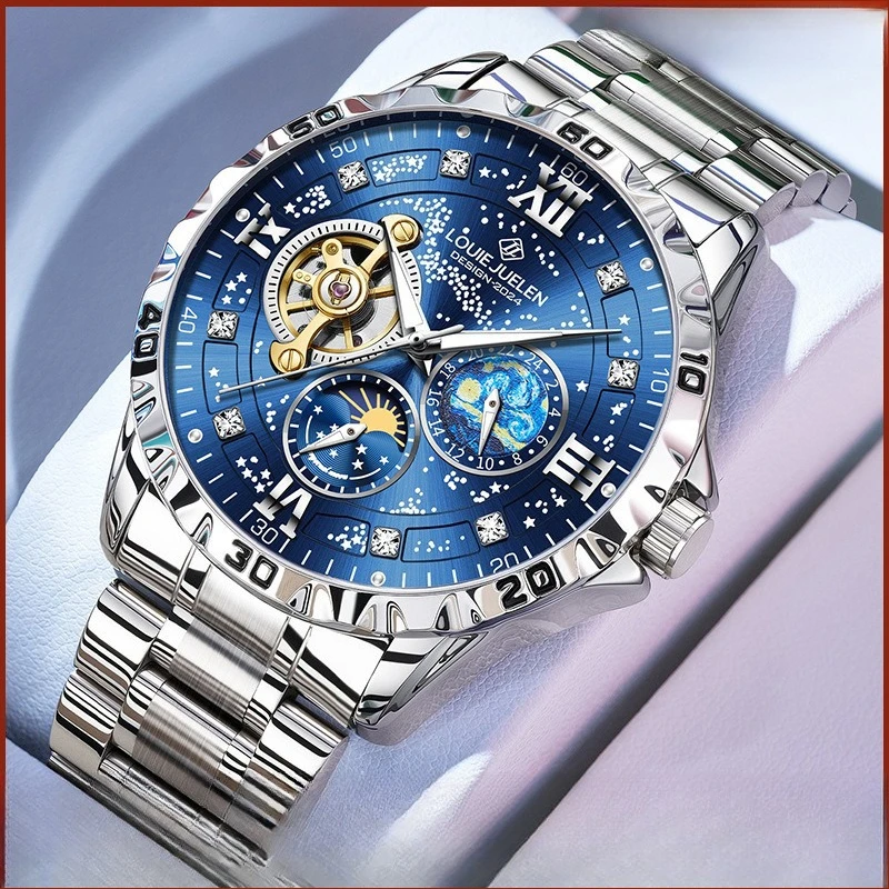 

Stainless Steel Sun-Moon-Star Skeleton Luminous Waterproof Self-Wind Automatic Mechanical Watch for Men
