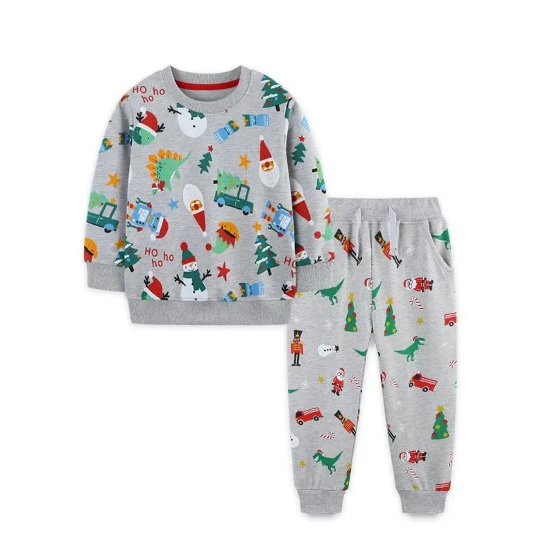 Christmas Toddler Boys Girl 2Pcs Clothes Set 100% Cotton Dinosaur Santa Print Sweatshirt Jogger Pants Kids Casual Tracksuit