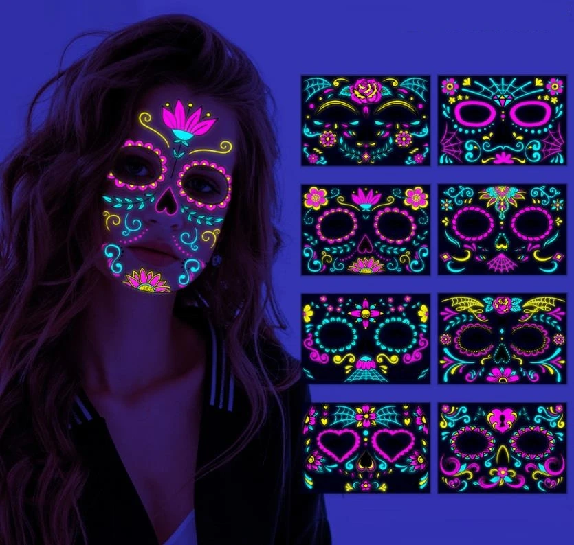 

Fluorescent Halloween Face Tattoo Sticker Day of The Dead Funny Temporary Neon Mask for Festival Masquerade Party Makeup ni60