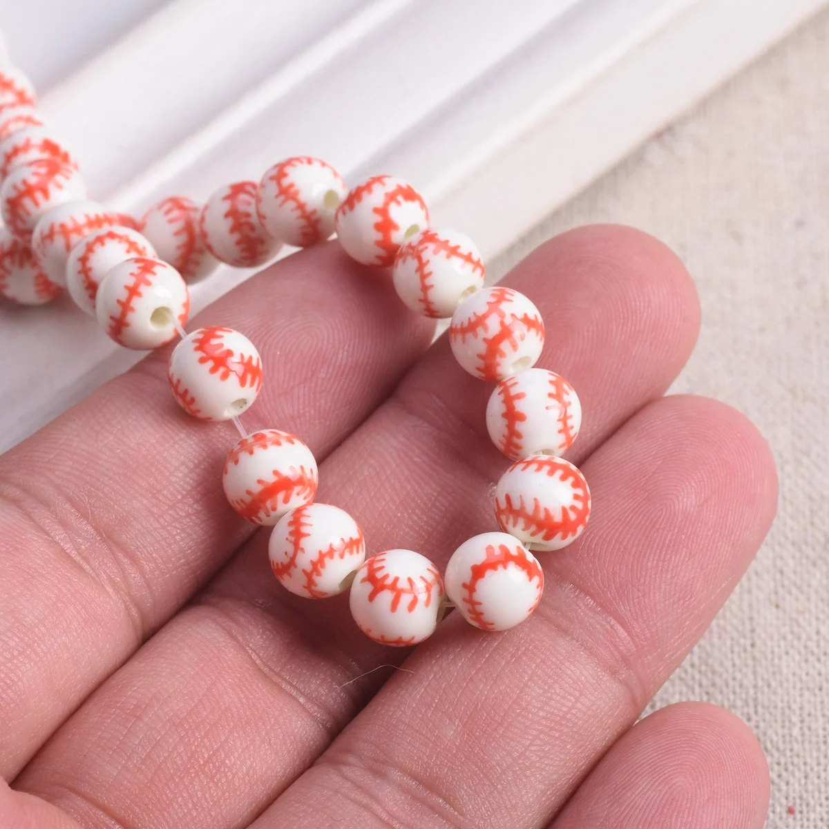 10pcs Baseball Pattern Round 8mm Handmade Painting Ceramci Porcelain Loose Beads For Jewelry Making DIY Crafts Findings