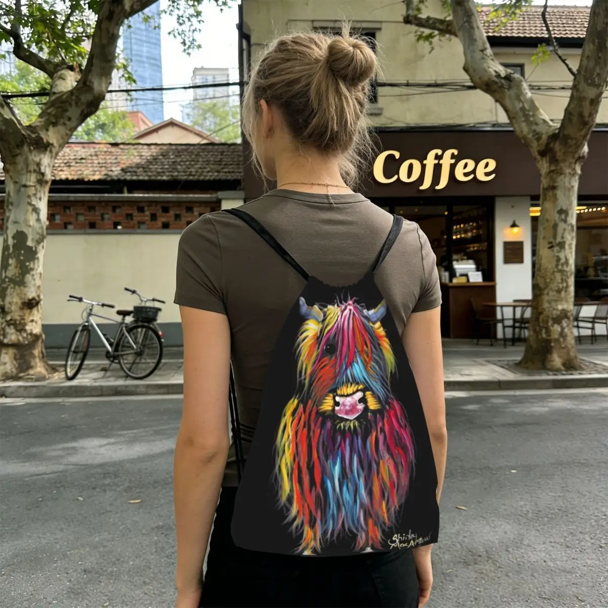 Scottish Hairy Highland Cow Backpacks Casual Drawstring Bags Sports Bag Book Bags for Travel Students