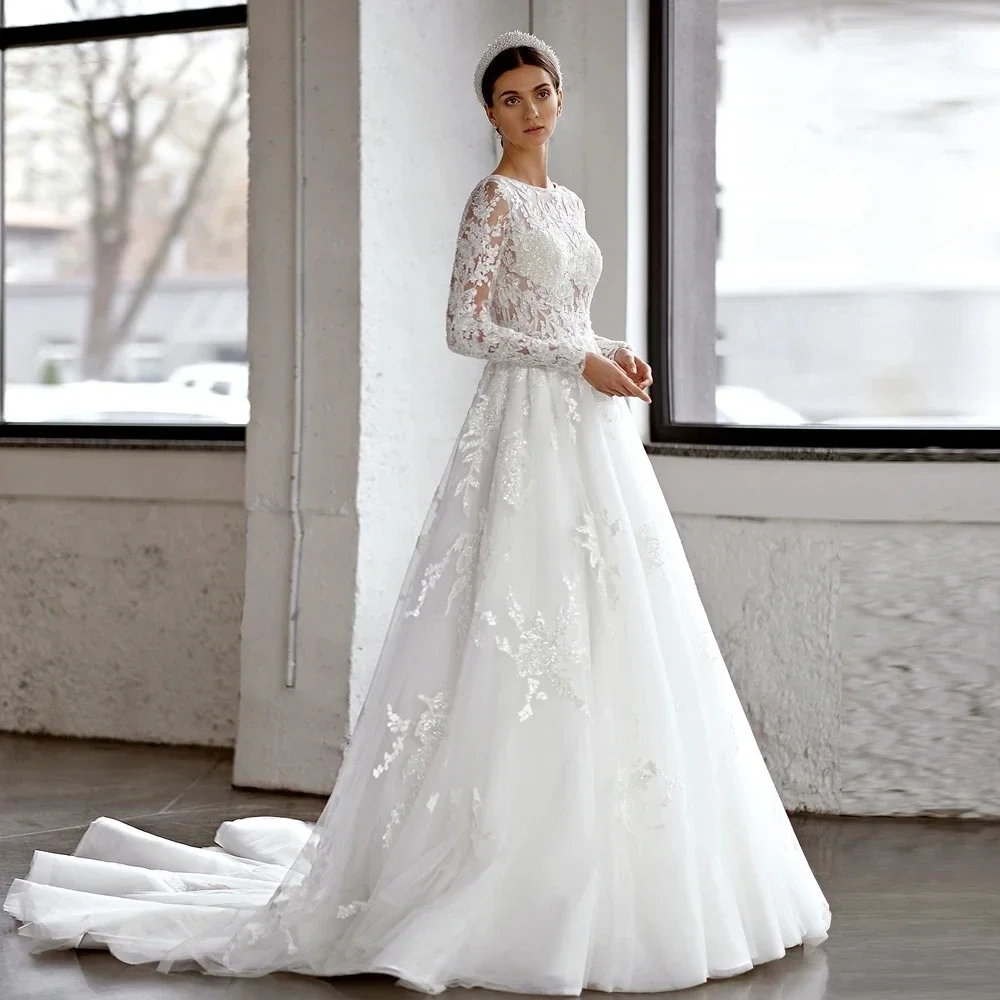

Customized Exquisite Wedding Dresses O-Neck A-Line Bridal Gowns Lace Appliques 2025 Long Sleeves Luxury Robes Vestidos De Novia