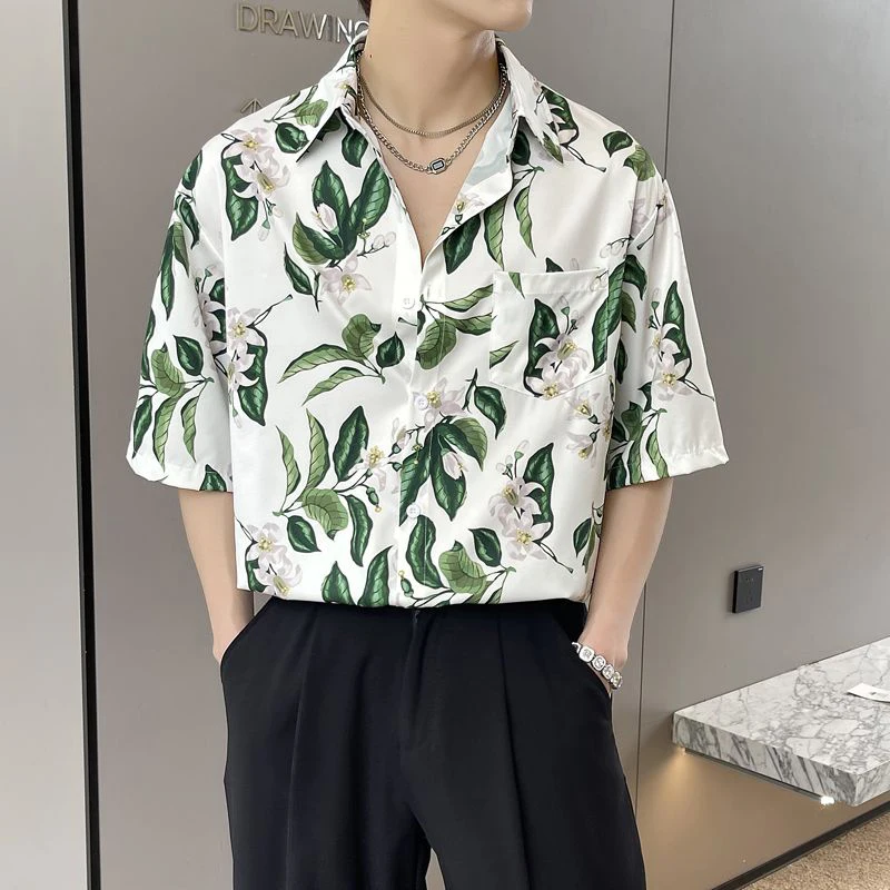 

Summer Male Chinese Style Camellia Printing Cardigan Blouse Hombre Half Sleeve Casual Fashion All-match Top Men Vintage Shirt