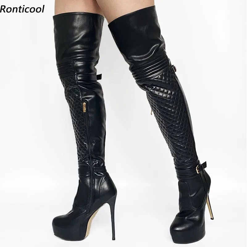 

Ronticool New Women Winter Platform Thigh Boots Stiff Material Stiletto Heels Round Toe White Black Party Shoes Us Size 5-20