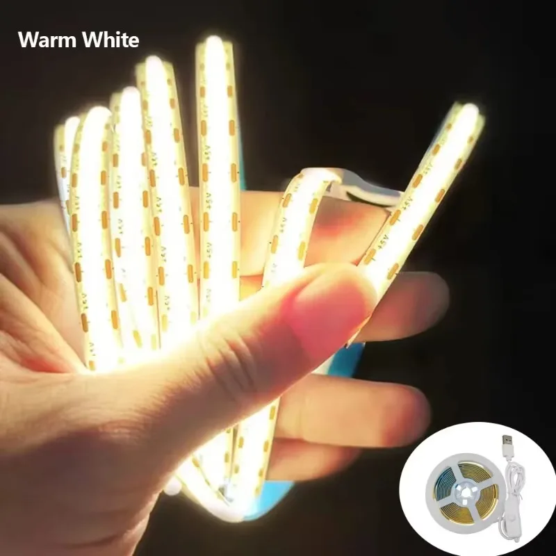 Tira de luces LED COB USB de 1M, 2M, 3M, CC de 5V, 252 LEDs/M, alta densidad para habitación, cinta Flexible regulable lineal, 3000K, 6000K con interruptor