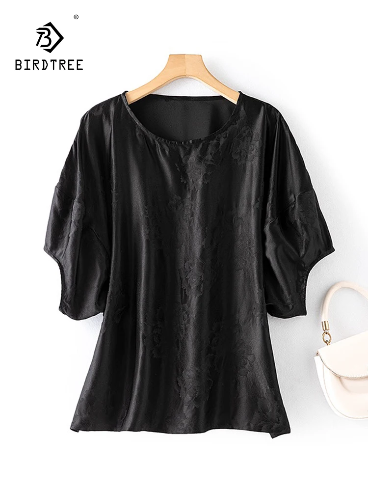 

BirdTree, 100%Real Silk Elegant T-Shirts, Women O Neck Lantern Sleeve Jacquard, OL Literature Loose Tops, 2024 Summer T45491QC