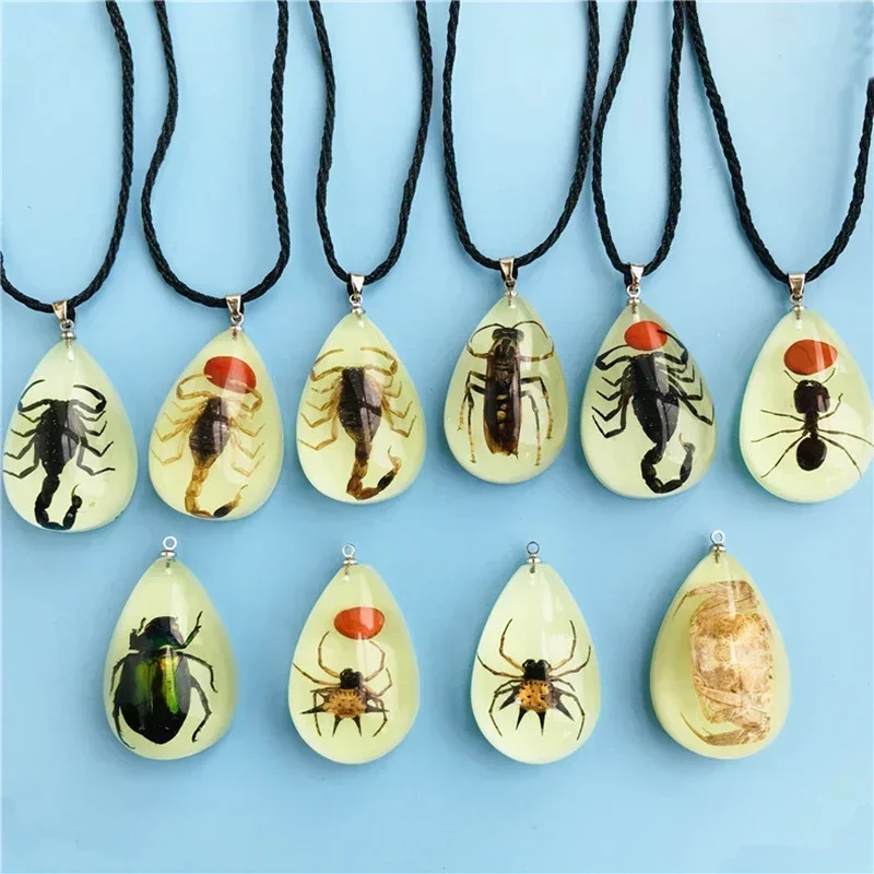 Luminous Real Scorpion Necklace Vintage Resin Insect Beetle Spider Amber Pendant Rope Chain Necklaces Glow in Dark Jewelry