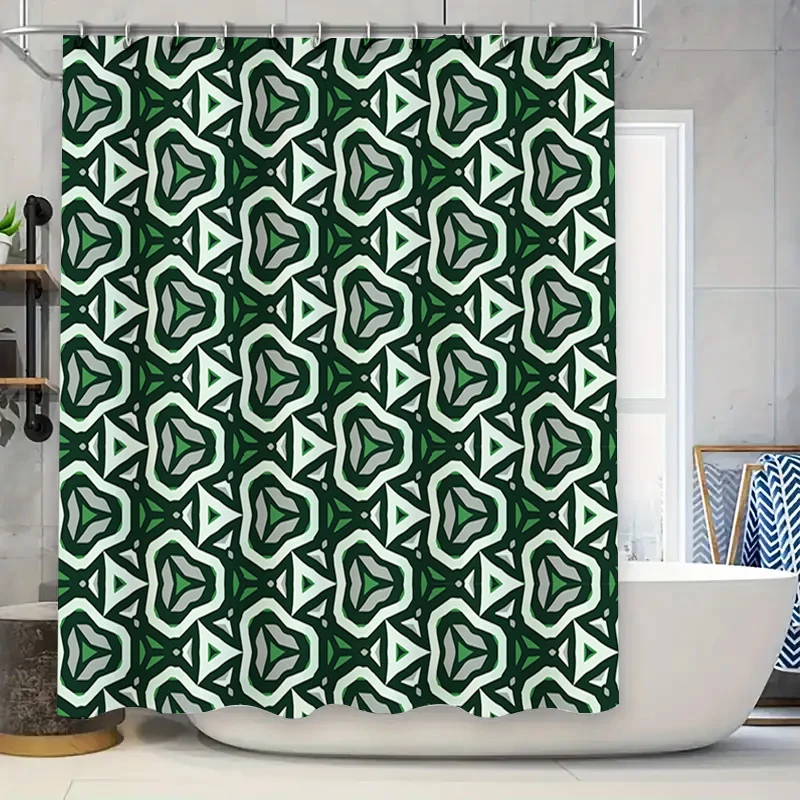 

Green and white geometric pattern shower curtain for bathroom decor washable fabric with hooks included (180x245cm)