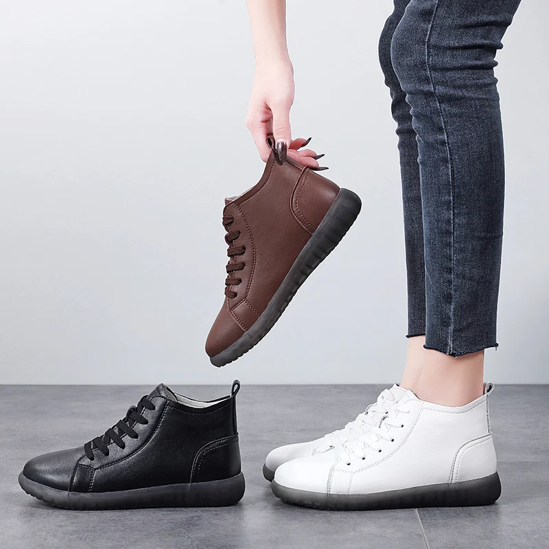 

High-Top Winter Outdoor Waterproof Casual Shoes Women Plus Velvet Keep Warm Cotton Boots Ladies Non-Slip Flat Laces Walking Shoe