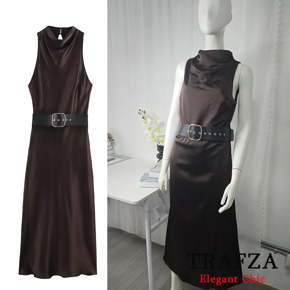 TRAFZA Vrouwen Elegent Satijnen Midi-jurk Met Riem Seleeveless Lange Jurk Nieuwe 2025, Lente Zomer Mode Commuter Party Datum Jurk