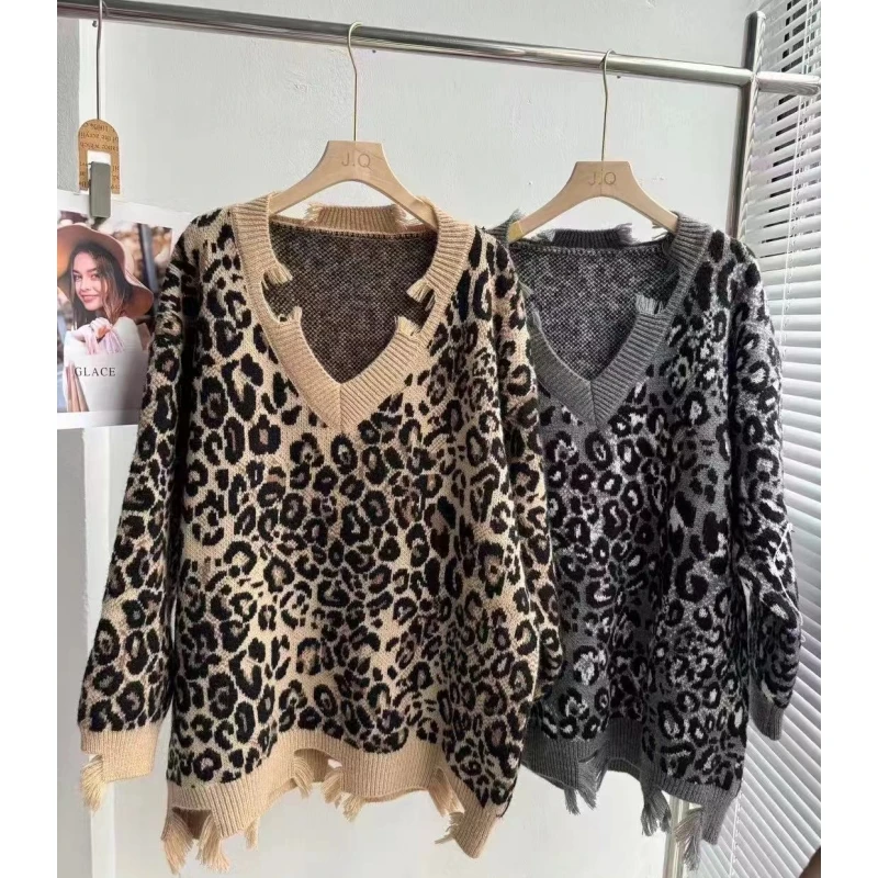 Khaki Odzież damska Vintage Sweter z dzianiny Szara kurtka Leopard Print Pullover Długi rękaw Casual Fashion Damskie zimowe topy