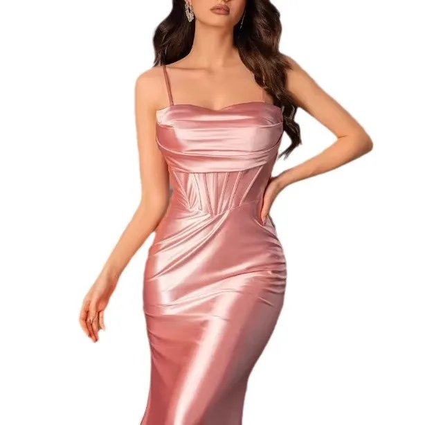 Vestidos de satén con tirantes finos para mujer, vestido elegante de sirena con cordones y espalda descubierta, vestido largo ajustado sin mangas para graduación