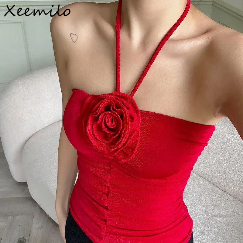 

Xeemilo Sexy Off Shoulder Halter Tank Top Aesthetic 3d Flower Tube Crop Tops 2023 Summer Sexy Sleeveless Pleated Skinny Camisole