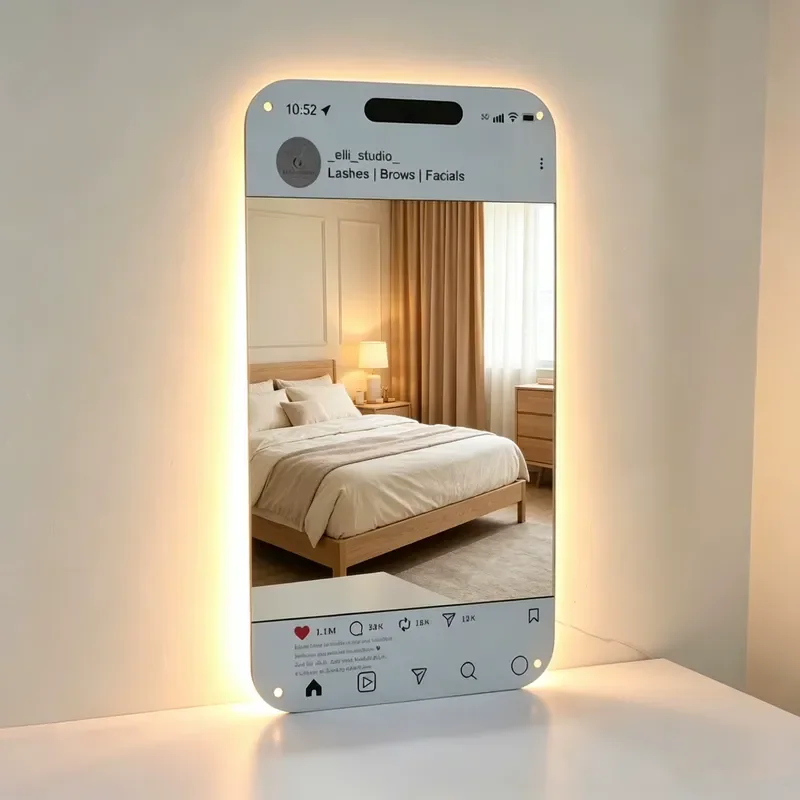 Modern Acrylic LED Mirror with Touch Switch Backlit Design for Living Room Fitness Area Social Media Style Customizable Home
