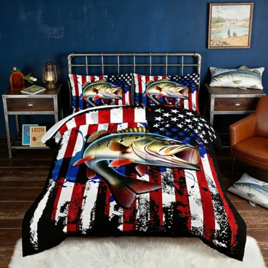 

Комплект постельного белья для мальчиков с рисунком американского флага и рыбой-крупоядкой, для декора комнаты, в комплекте с пододеяльником и постельными принадлежностями