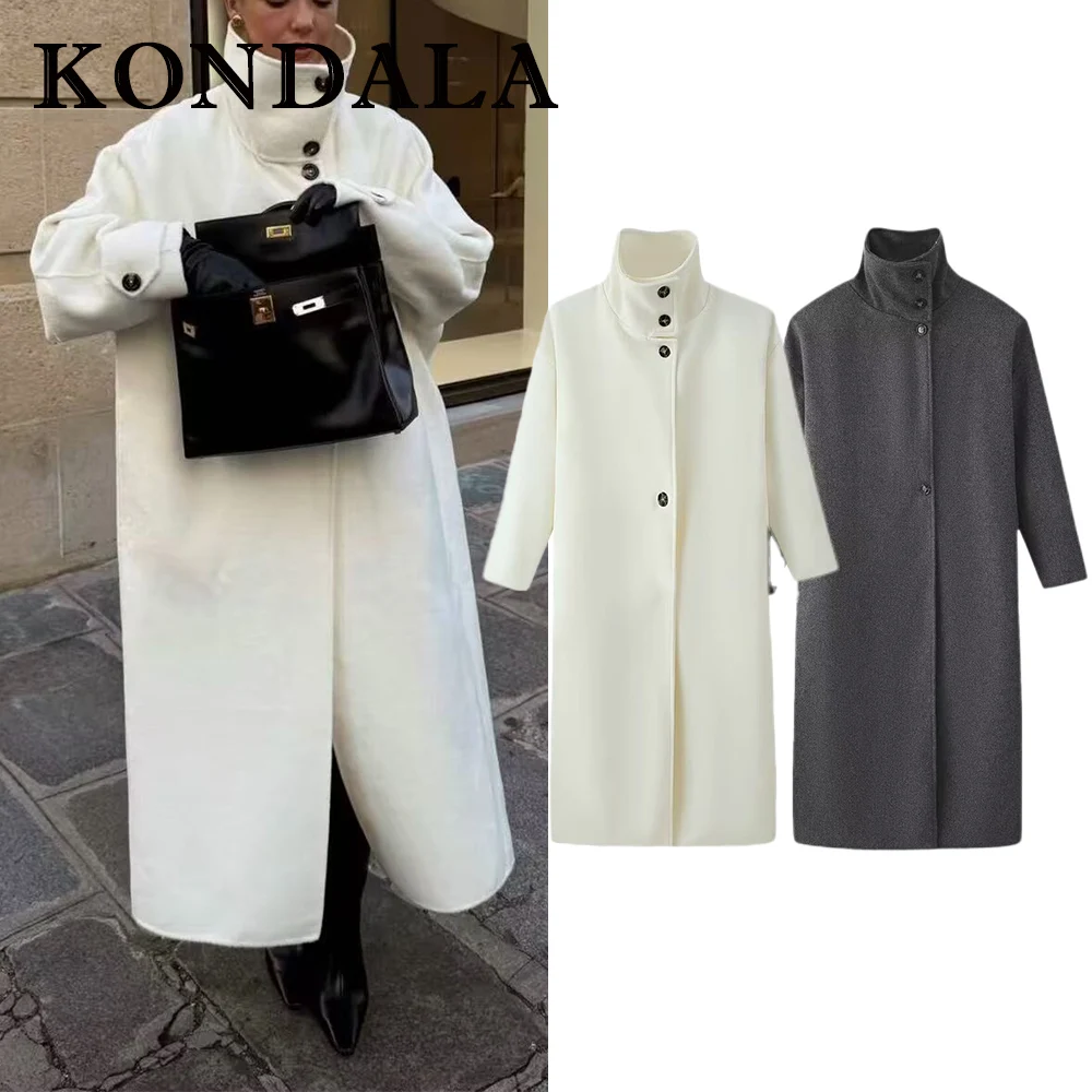 

KONDALA Vintage Elegant Beige High Street Women Winter Long Coat Fashion 2025 Chic Female High Neck Luxurious Grey Mujer Outwear