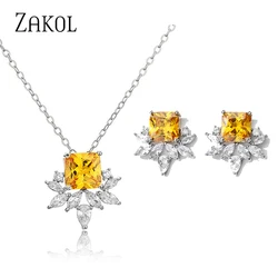 ZAKOL New Exquisite Yellow Square Cubic Zirconia Jewelry Sets for Women Fashion Leaf Party Earring Necklaces Set SP3359