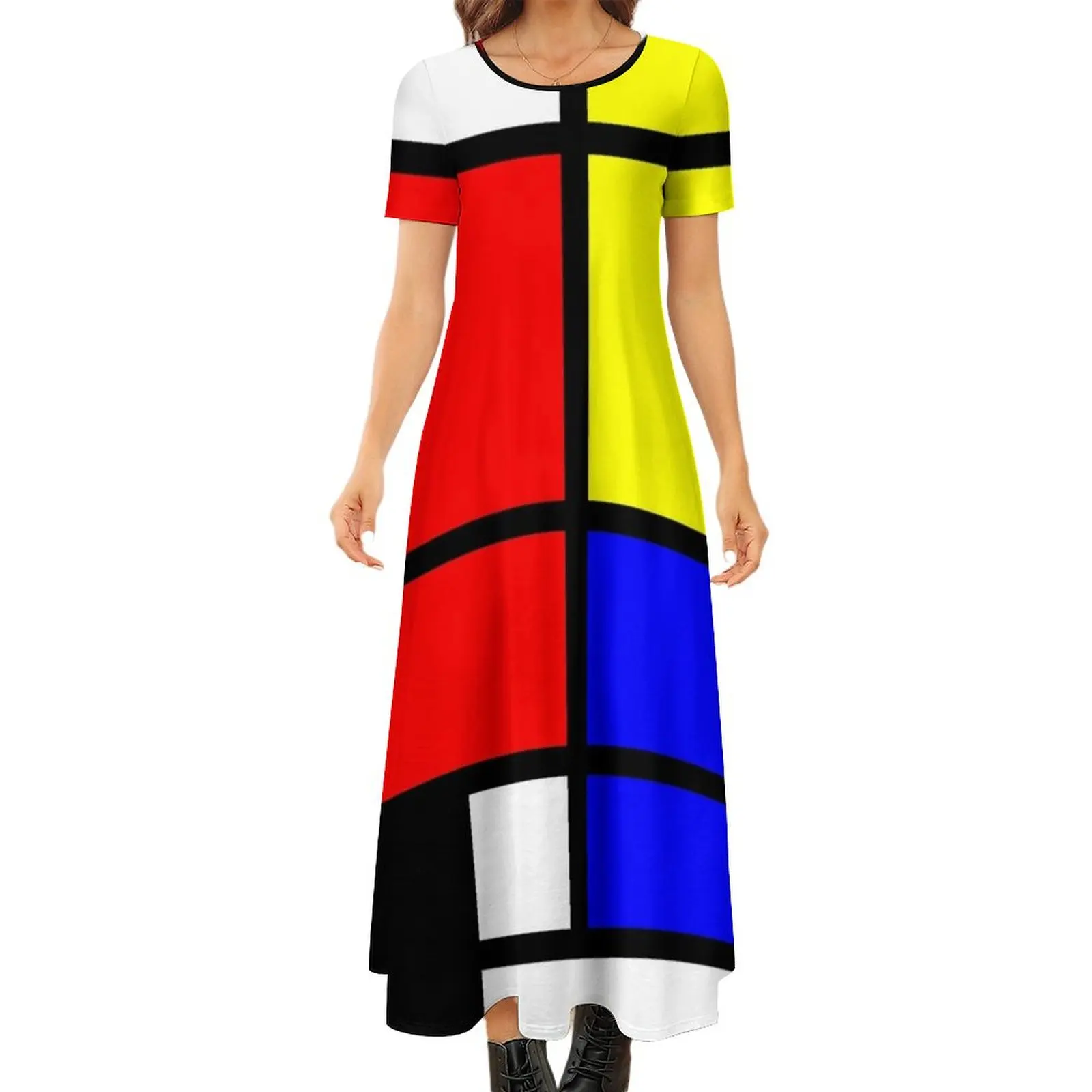 

Mondrian style art deco design in basic colors Round Neck Short Sleeve Dress loose summer dress long dresses for women