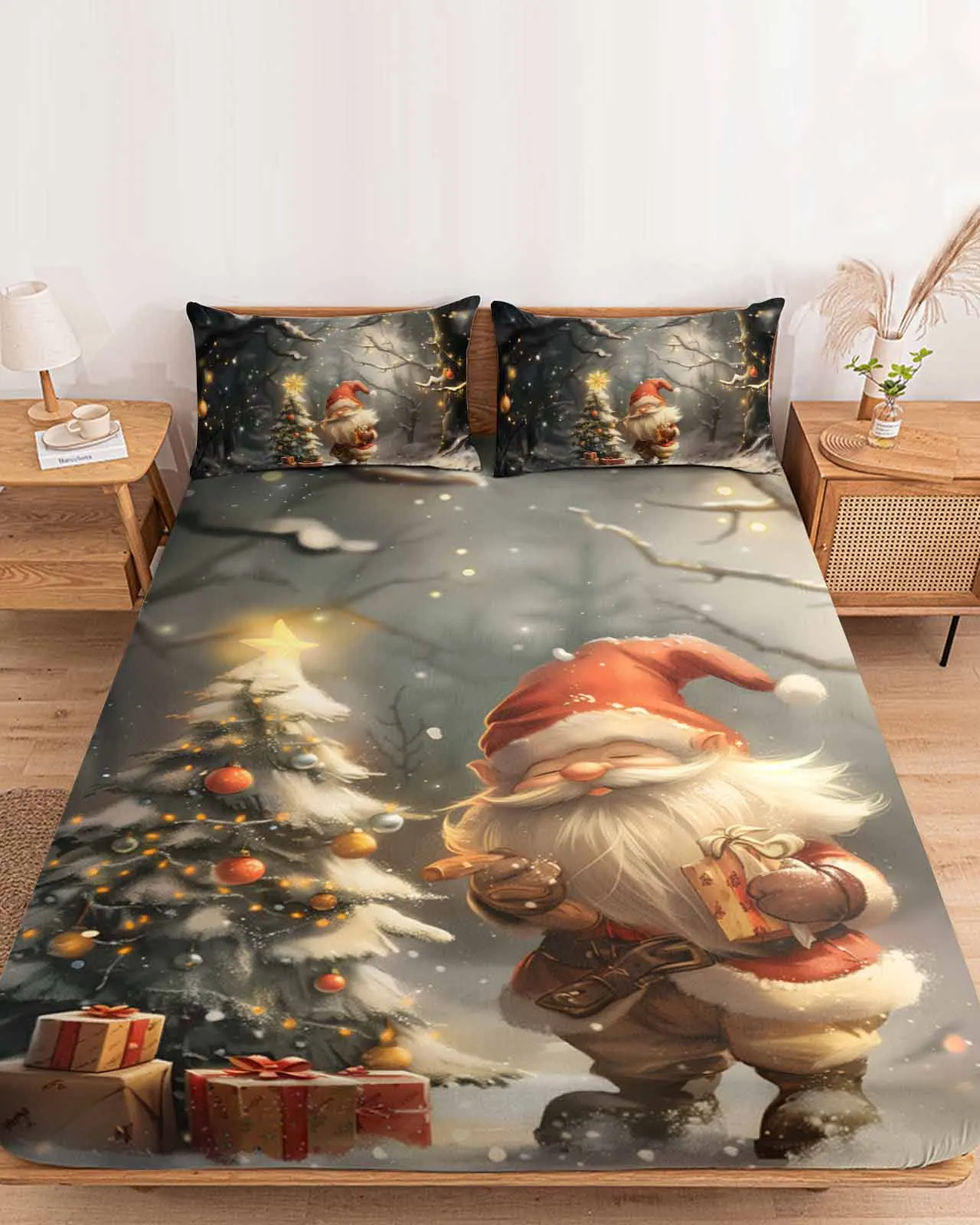 

Christmas Dwarf Forest Snow Scene Polyester Fitted Sheet Mattress Cover Four Corners Elastic Band Bed Sheet Pilllowcase