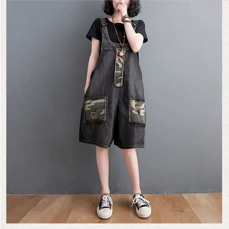 

Denim Jumpsuits Loose Casual Camouflage Pocket Shorts Five-point Pants Korean Fashion Playsuits One Piece Outfits Women Clothing