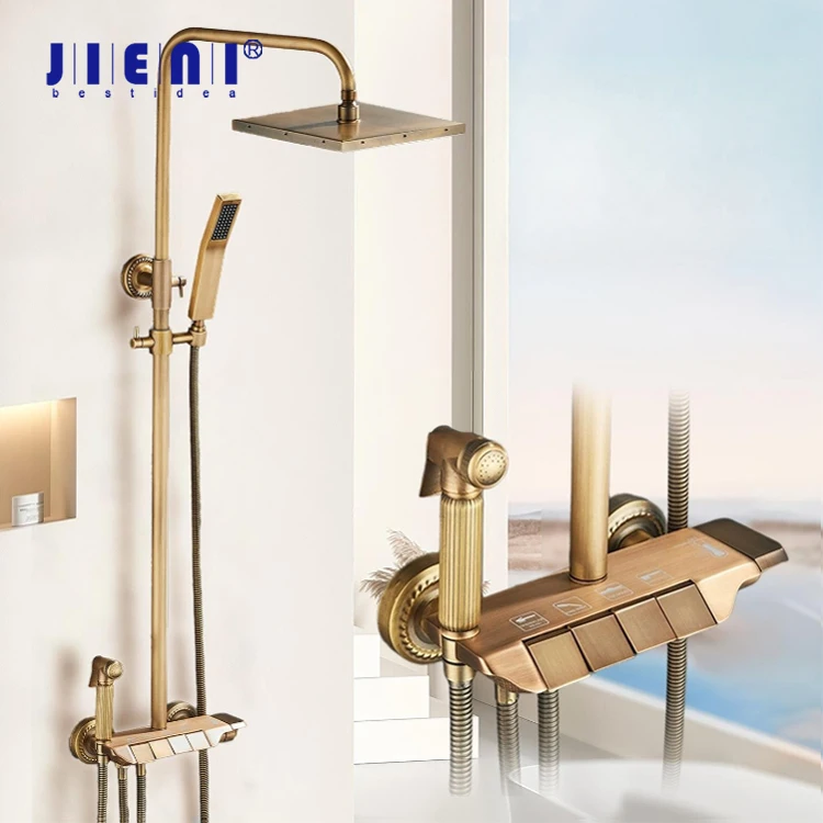 

Душевая система JIENI из антикварной латуни в европейском стиле, с четырьмя функциями, элитный душевой комплект класса люкс