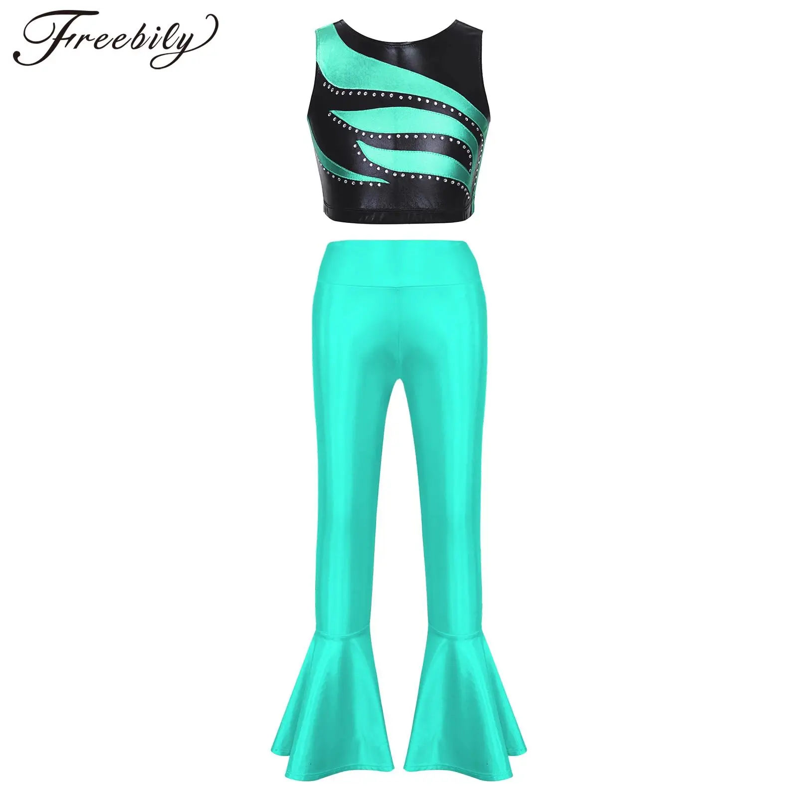 

Kids Girls Jazz Dance Costume Sleeveless Two Piece Suits Crop Top with Metallic Bell-Bottom Pants Stage Performance Clothes Sets