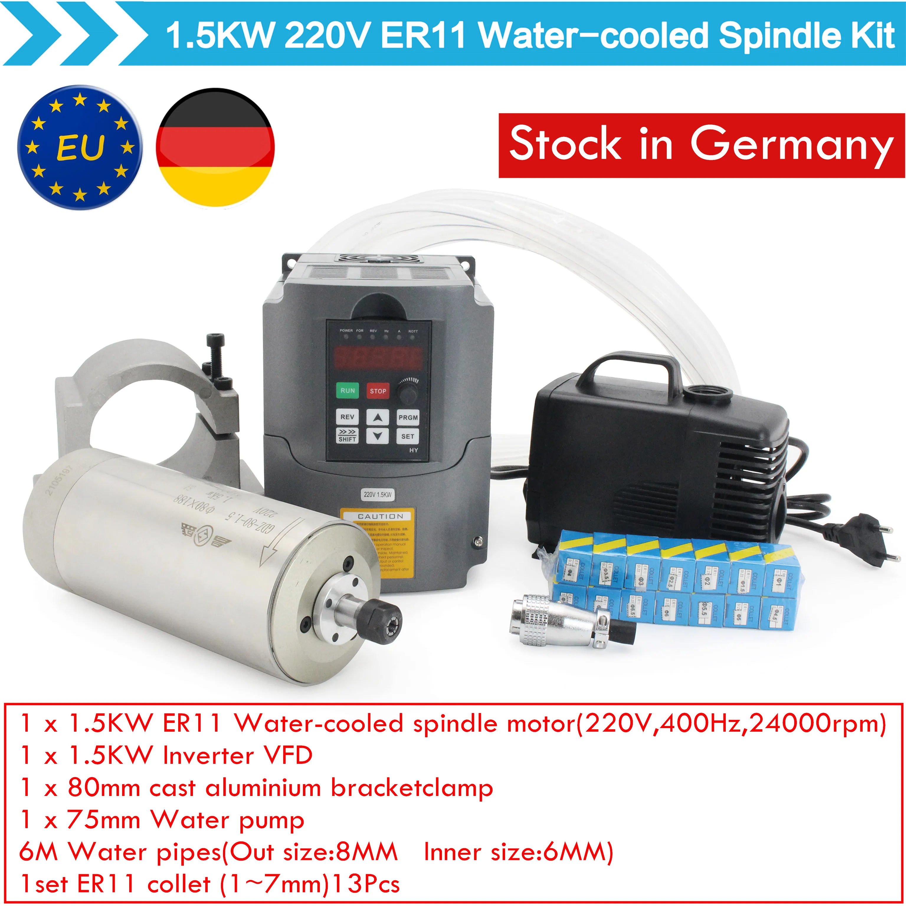 

【In EU】1.5kw ER11 Water cooled spindle 24000rpm 400Hz 3 bearings 80mm & 1.5kw HY VFD/ Inverter & 80mm bracket & 80W Pump & Pipe