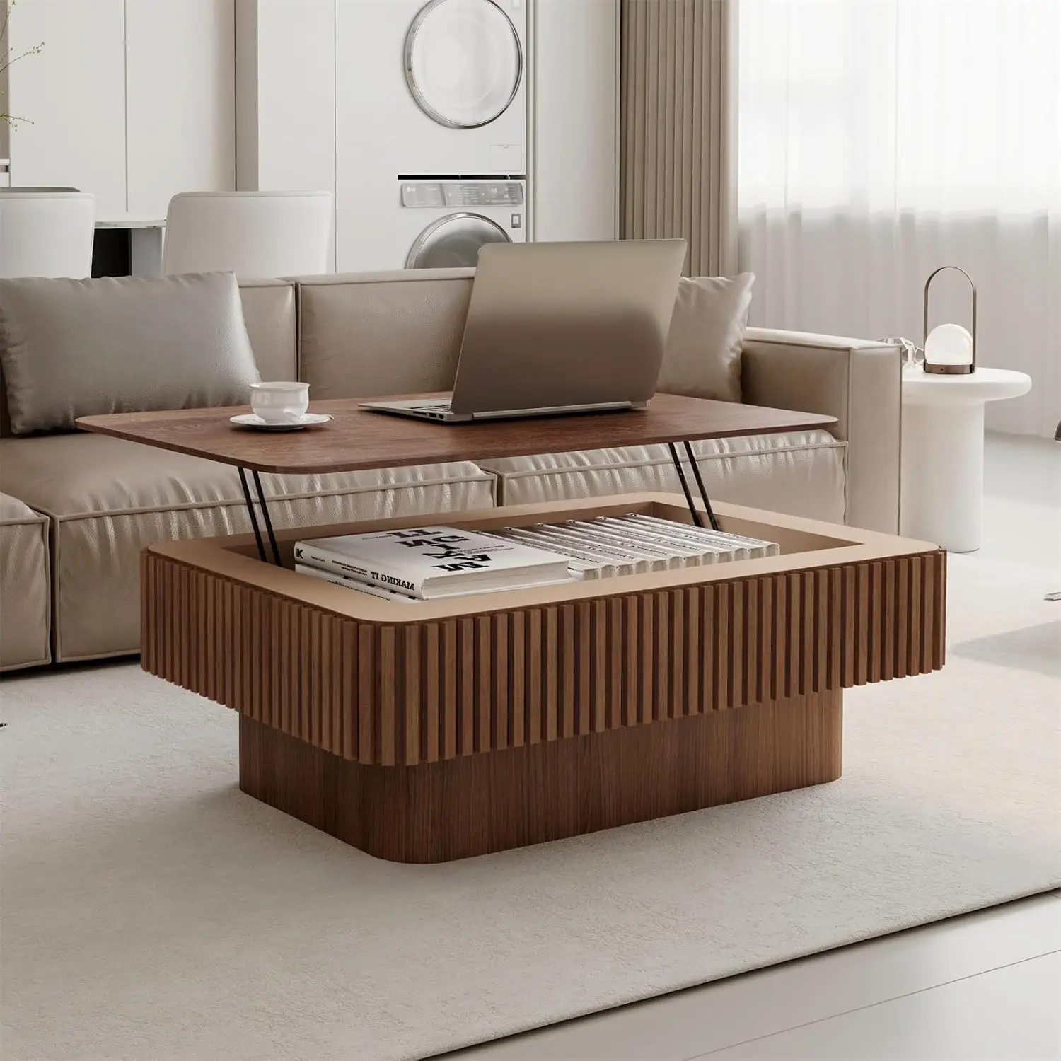 

Lift Top Coffee Table For Living Room, Accent Fluted Coffee Table With Storage, Modern Solid Wood Veneered Rectangle Center Tea