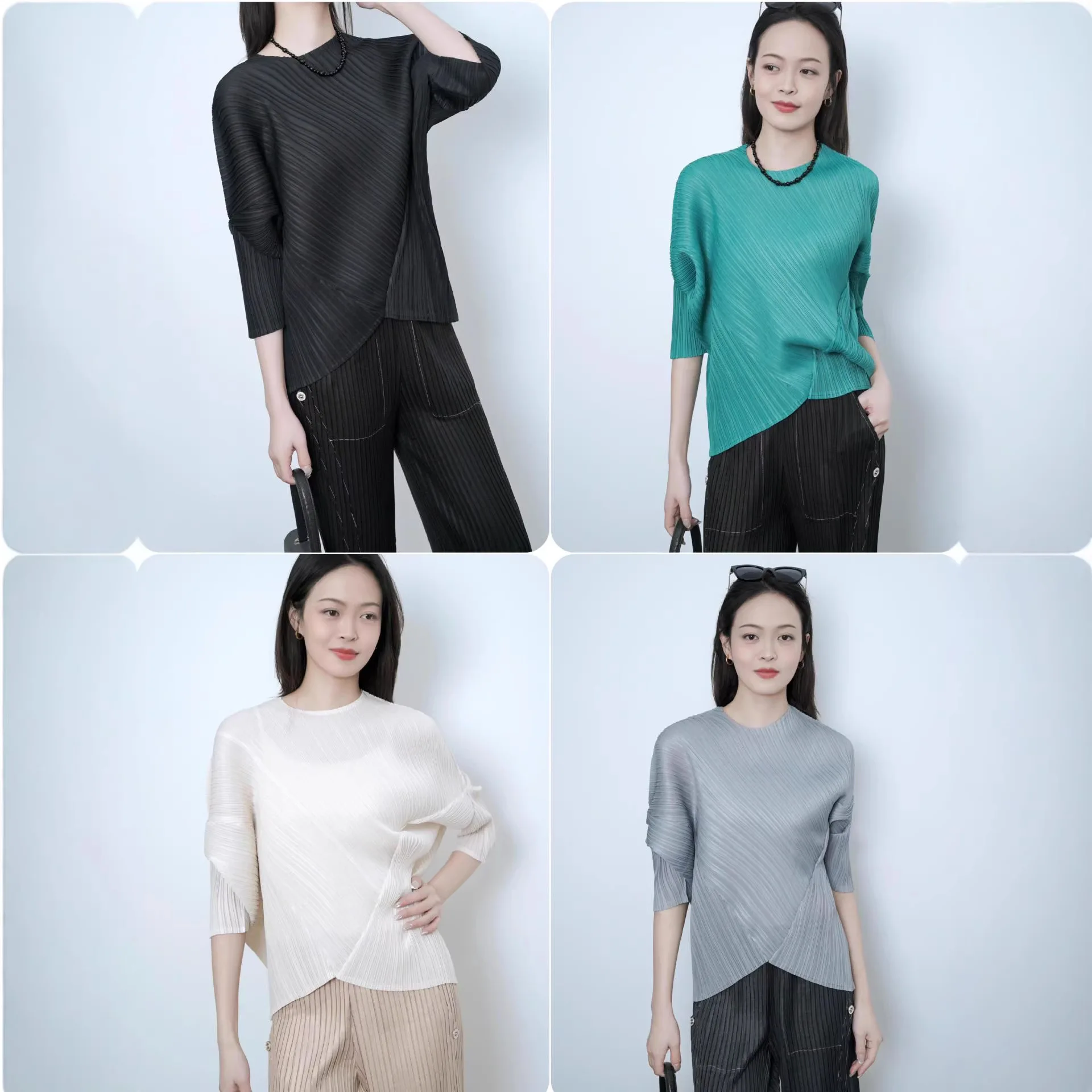 

Miyake Pleated 2026 Round Neck Short-sleeved Bat Shirt T-shirt Women's Summer Thin Loose Versatile Design Sense Pleated Blouse