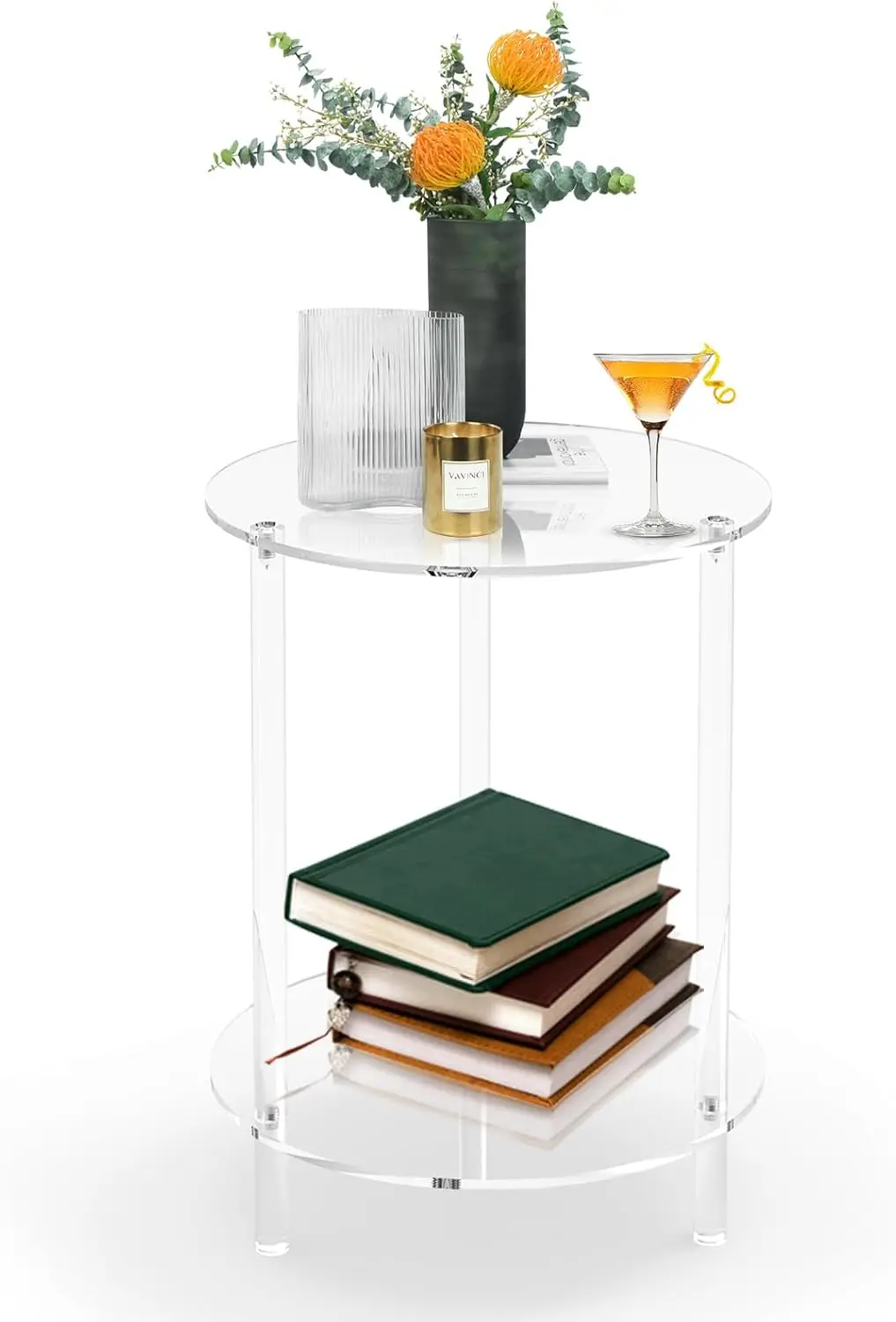 

Clear Acrylic Round Side Table for Small Spaces, 2-Tier Coffee/End/Bedside Table for Living Room, Bedroom, Office