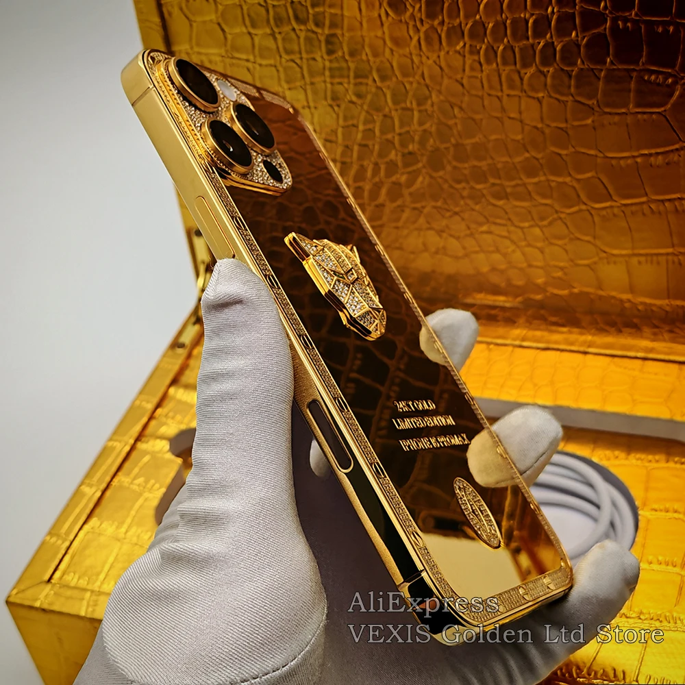 Support Write Name iPhone Series 24K Gold Housing Luxury Diamond Cheetah for 16Pro Max 15Pro 14Pro Various Models with Logo