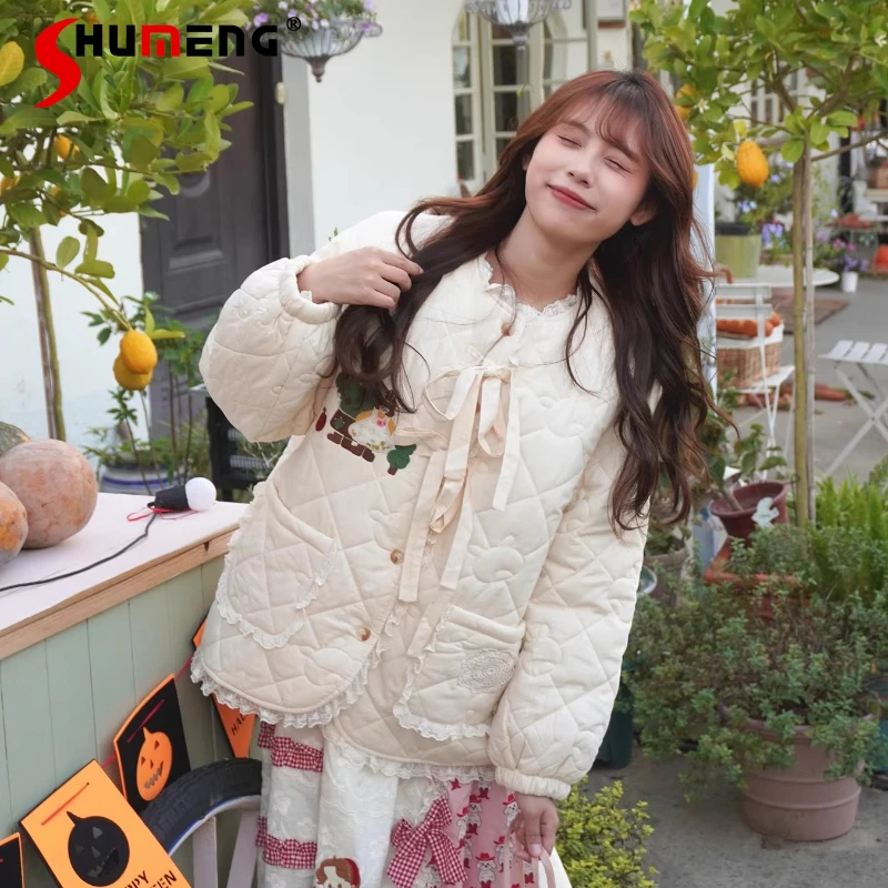 

Mori Girls Sweet Lolita Short Parkas Winter New 2025 Women's Cute Lace Embroidery Warm Down Parkas Soft Girl Kawaii Retro Jacket