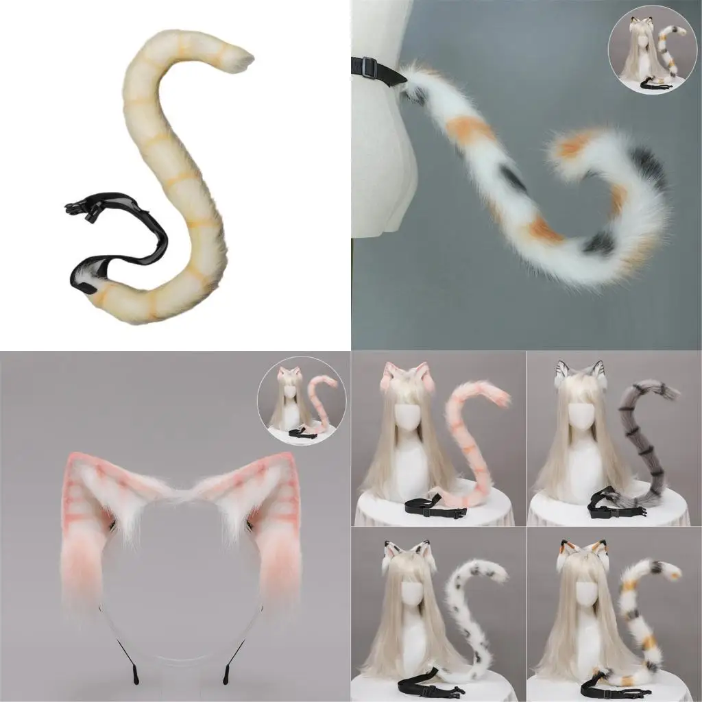 

72XE Plush Cats Ears Headbands For Costume Halloween Festivals Roleplay Tail Anime Hairband Accessories