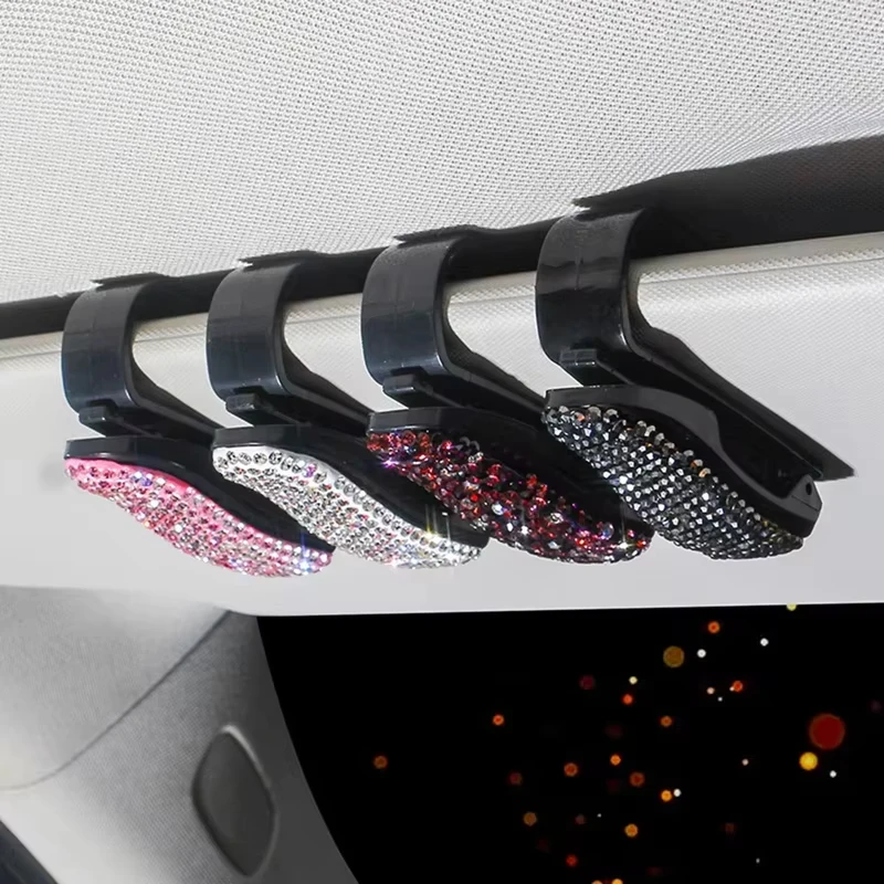 Car Sun Visor Mount Sunglasses Clip Holder Rhinestone Bracket Portable Sunglasses Crystal Clip Decoration Accessories