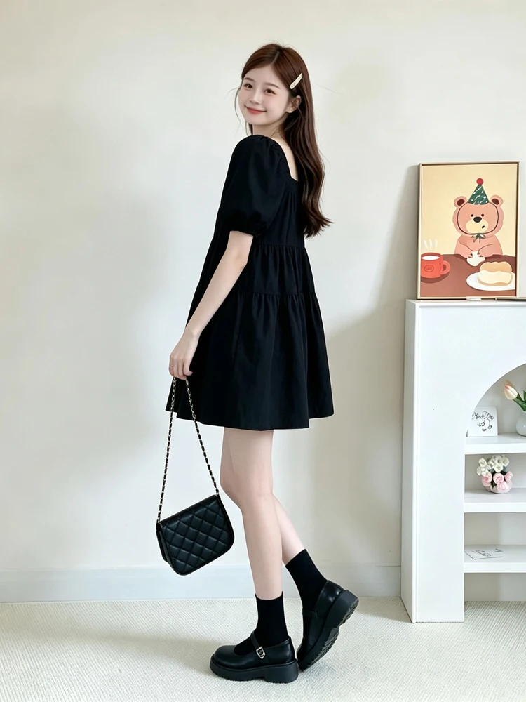 Korean Style INS Square Collar Doll Dress Short Sleeve Commute Women's Fashion Age Reduction Little Black Dress Cake Skirt