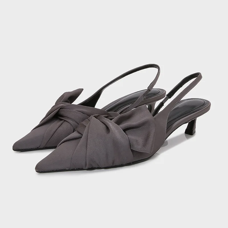 

2026 Summer New Women's Gray Silk Satin Texture Bow Dress Heel Cat Heel Muller Shoes Pointed Sandals