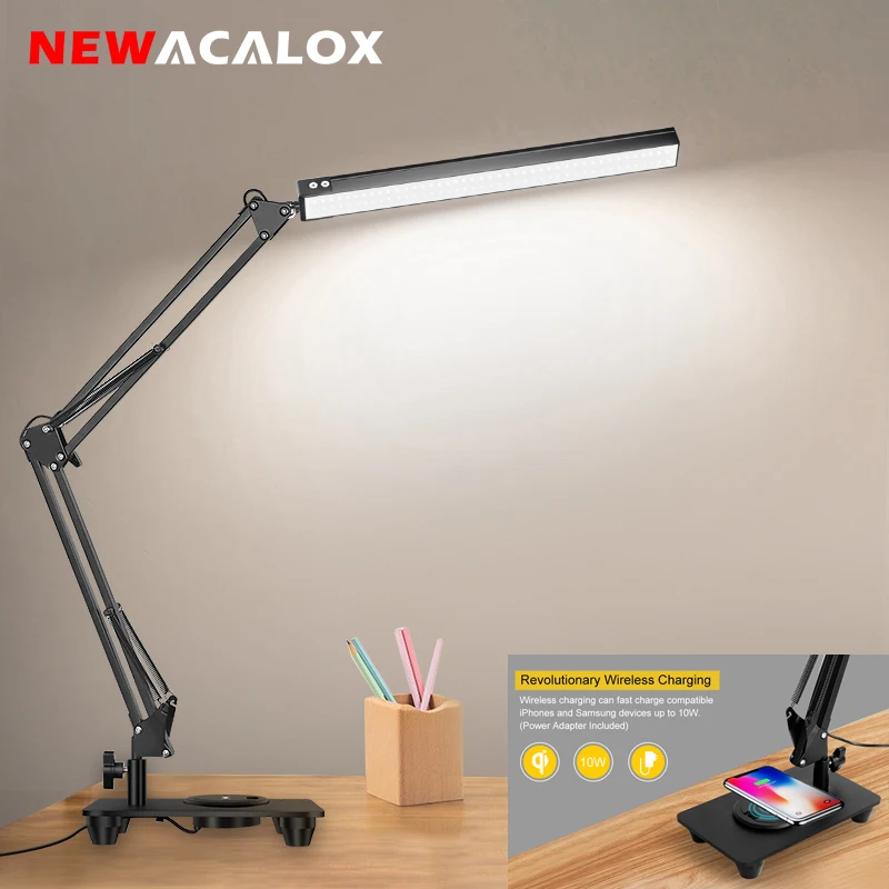 NEWACALOX LED Desk Lamp with Wireless Charger Table Lamp for Home Office Drafting  with Adjustable Arm 3 Color Modes Light