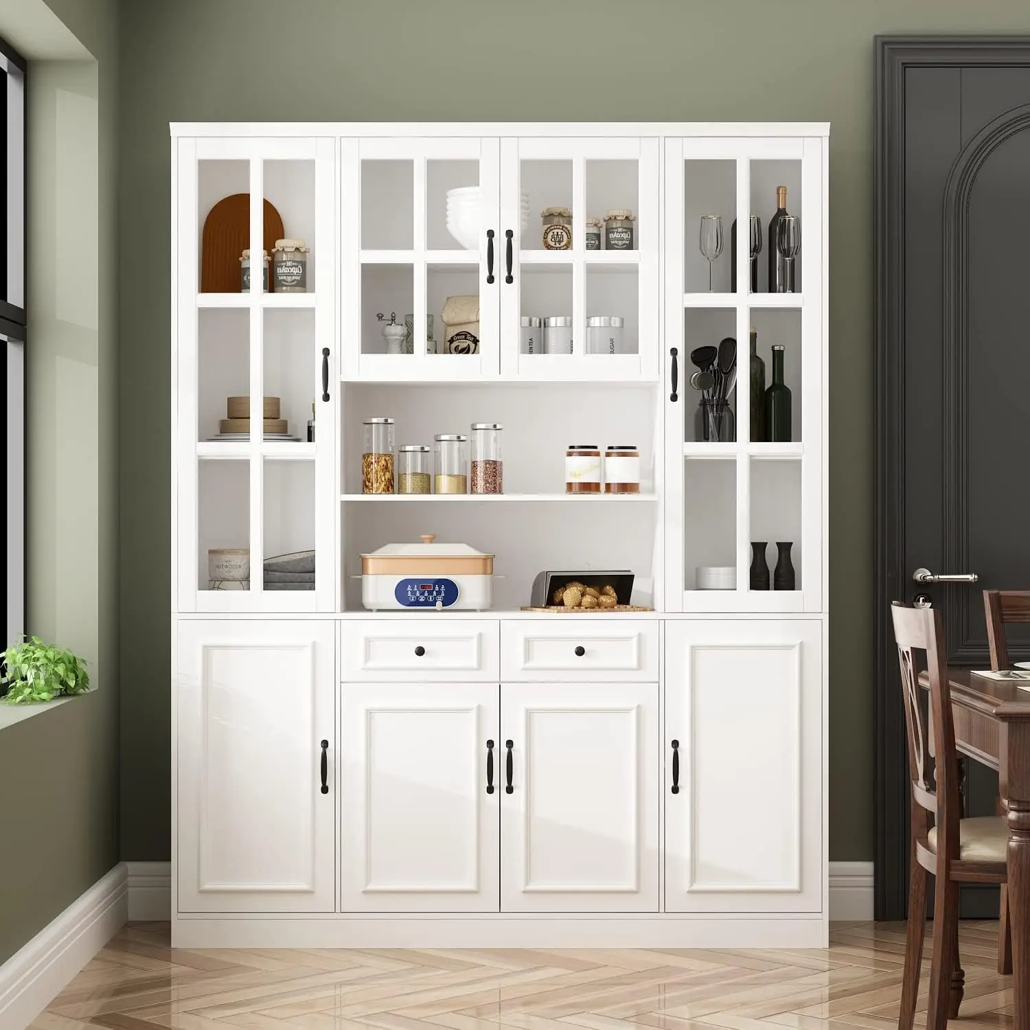 

Kitchen Pantry with Glass Doors & Hutch, Large Kitchen Pantry Storage Cabinet with 5-Tier Shelf, Tall Kitchen Pantry Cabinet