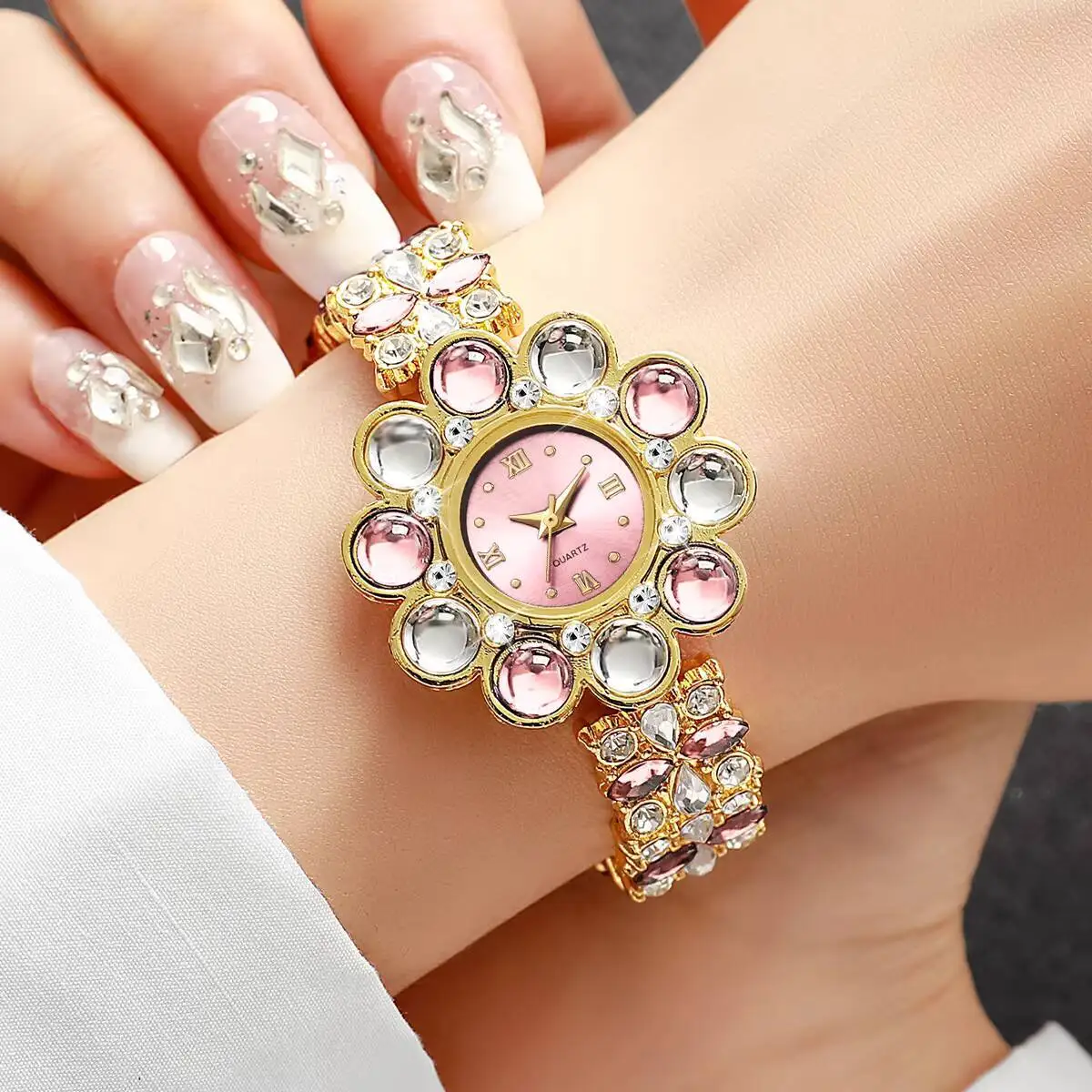 4 шт./компл., роскошные женские кварцевые часы со стразами и цветами, элегантные женские наручные часы Reloj Mujer, часы для девочек, подарок (без коробки)