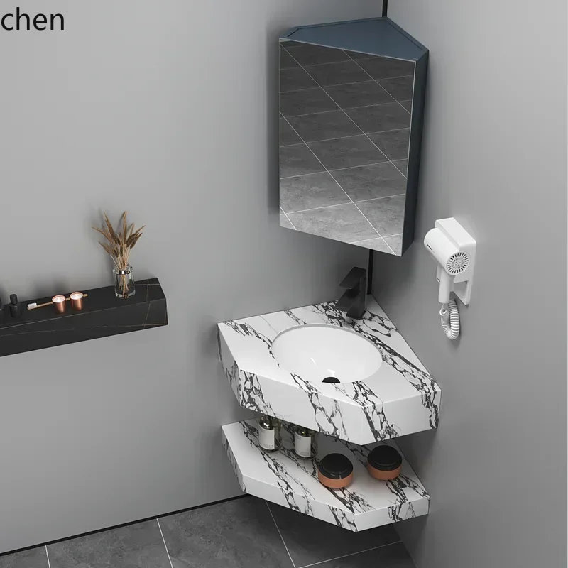 HT Triangle Washbasin Cabinet Combination Corner Rock Slab Washbasin Corner Washstand Basin Wall Corner