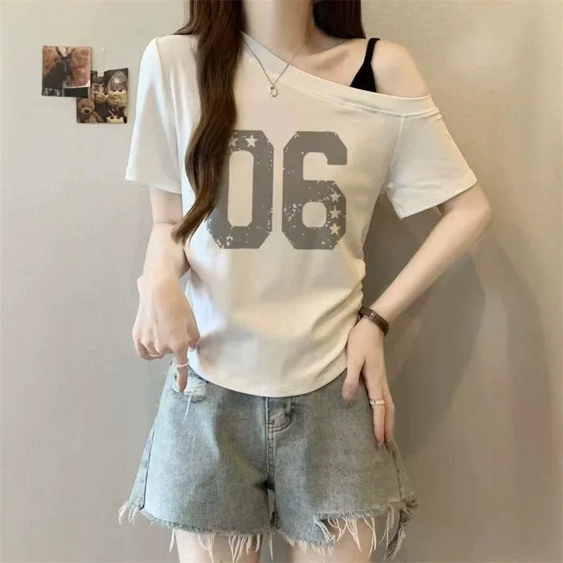 Number Print Korean Fashion T-shirts Women Tops Off Shoulder Loose Tees Shirts Casual Vintage Y2K Cheap Clothes Woman Tshirts
