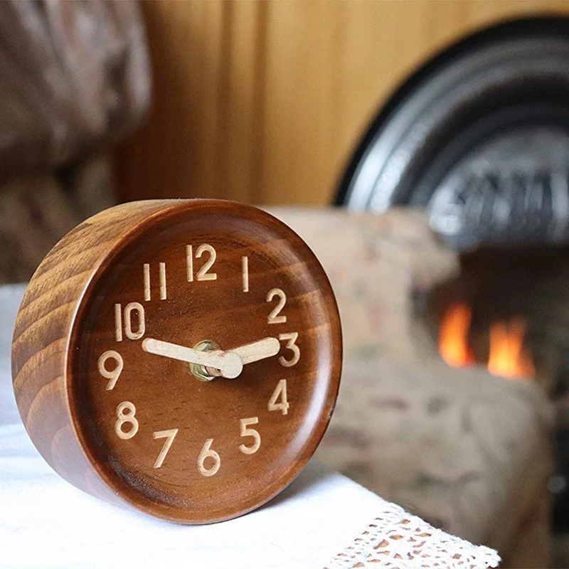 Wooden Desk & Table Analog Clock Made Of Genuine Pine(Dark)-Battery Operated With Precise Silent  Mechanism