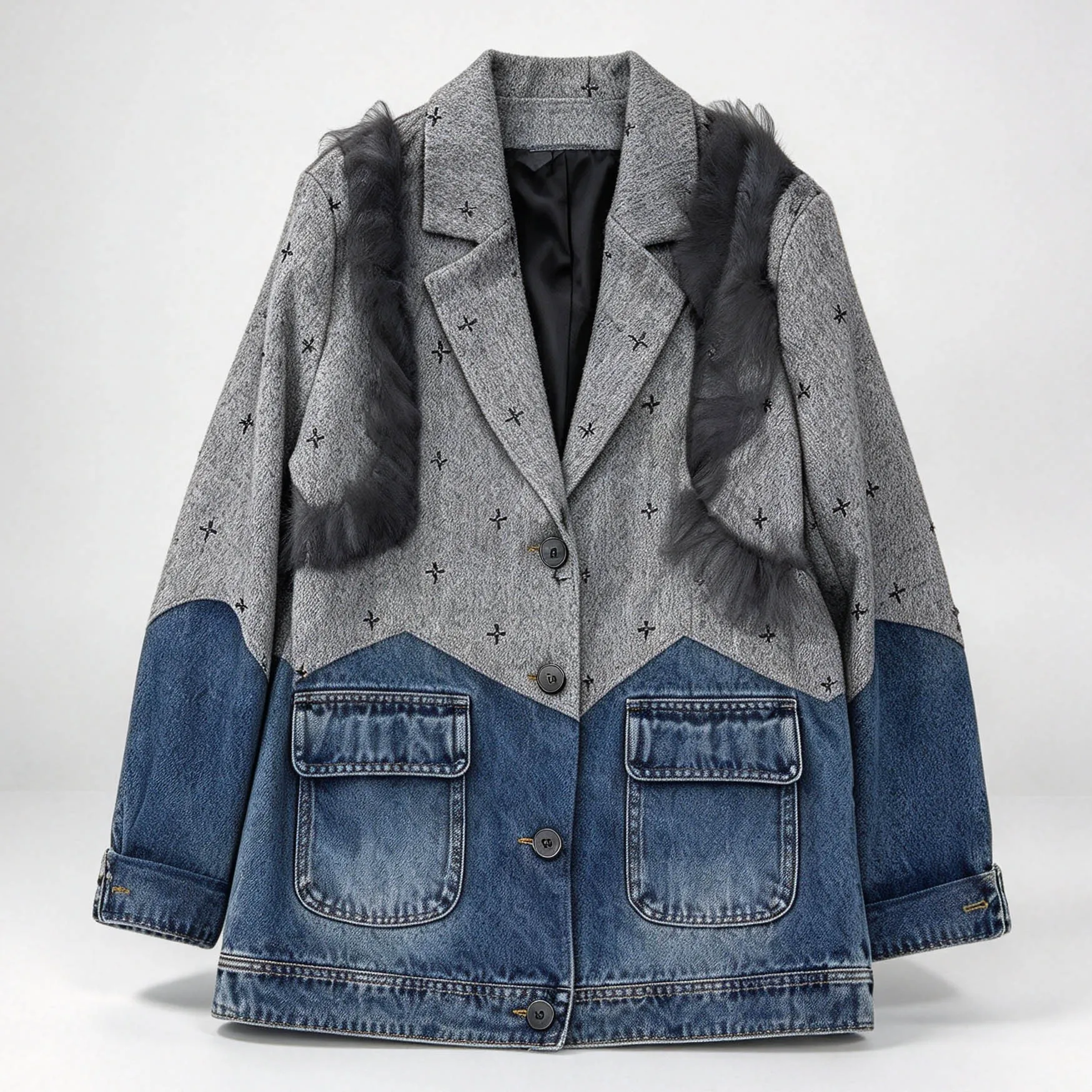 SuperAen Retro Korean-style Denim Patchwork Coat for Women Ruffled Loose Contrasting Color Turn-down Collar Suits