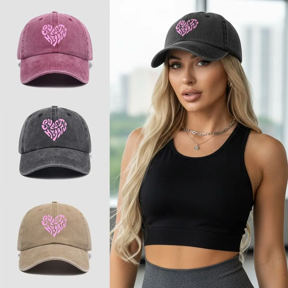 Sweet Heart Printed Visor Baseball Cap Washed Cotton Adjustable Peaked Cap Faded Outdoor Leisure Sunscreen Hats
