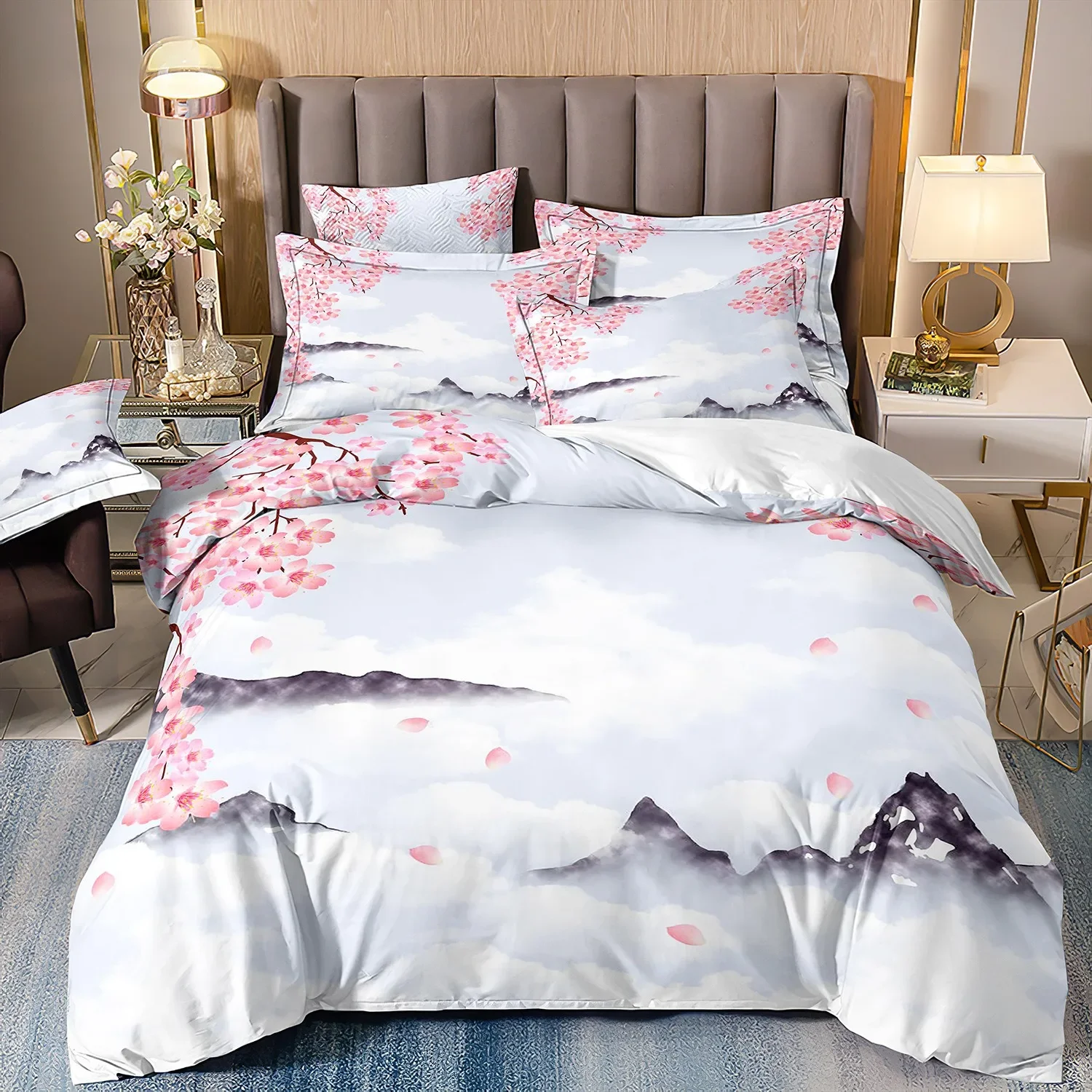 Japanese-Style Duvet Cover Cherry Bedding Set  Ukiyo-e Theme Wave Pattern quilt cover Mountain Exotic Style